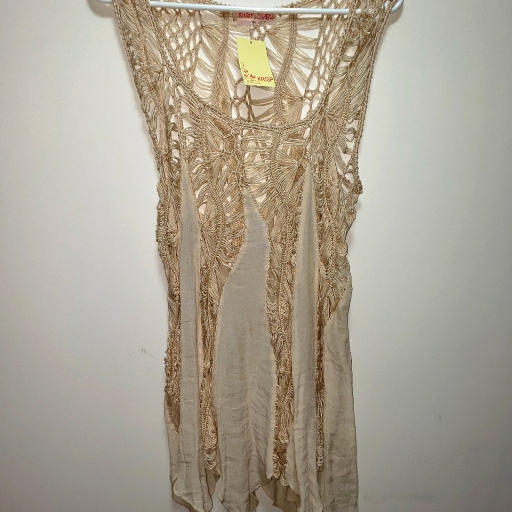 Krisp Bohemian Tank Top Cable Knit  Crochet Cream Silky Medium NWT